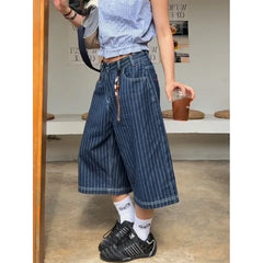 Harajuku Y2k Light Blue Calf Length Cargo Jeans Baggy Denim Trousers Japanese 2000s Oversize Jean Pants Vintage Clothes