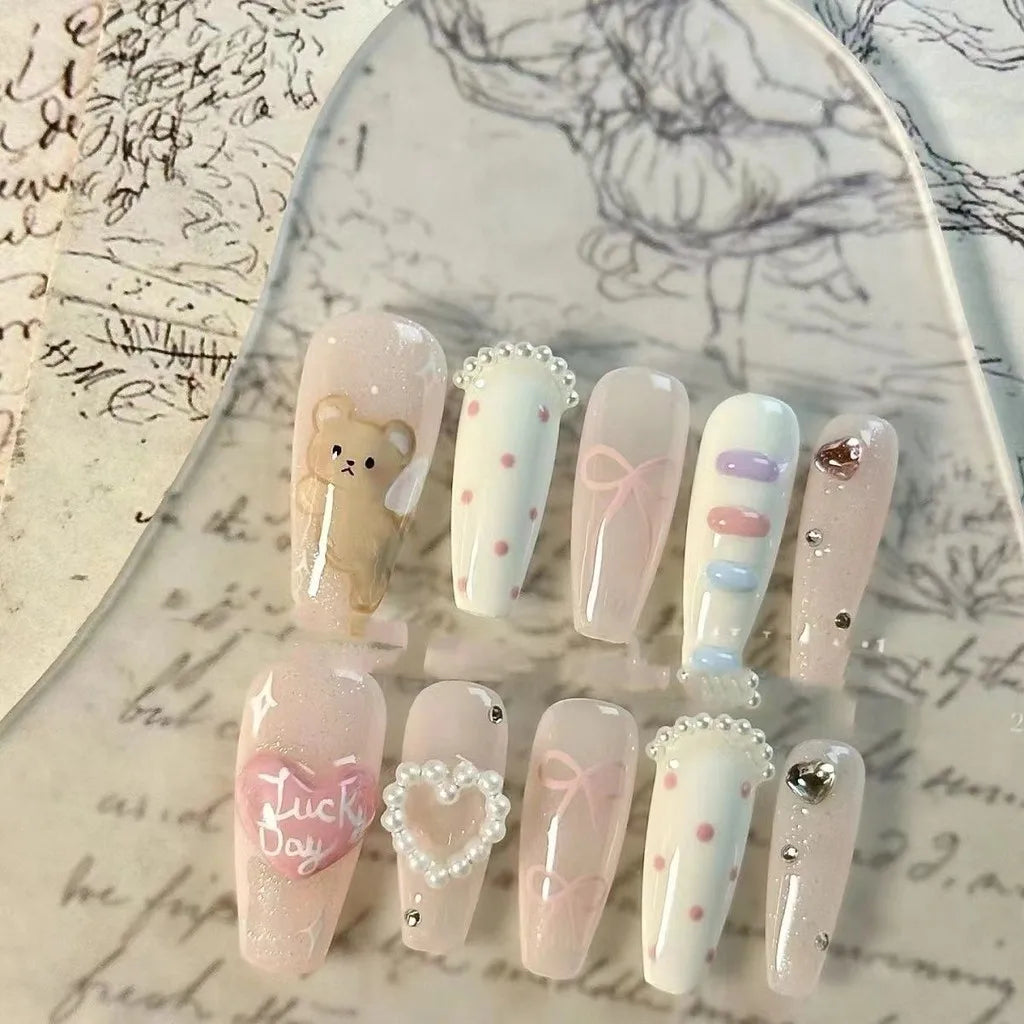 Fresh Bear Cloud Bow Handmade Wear Nails Pearl Love Cute Nail Art Sweet Cartoon Removable Fake Nails