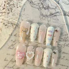 Fresh Bear Cloud Bow Handmade Wear Nails Pearl Love Cute Nail Art Sweet Cartoon Removable Fake Nails