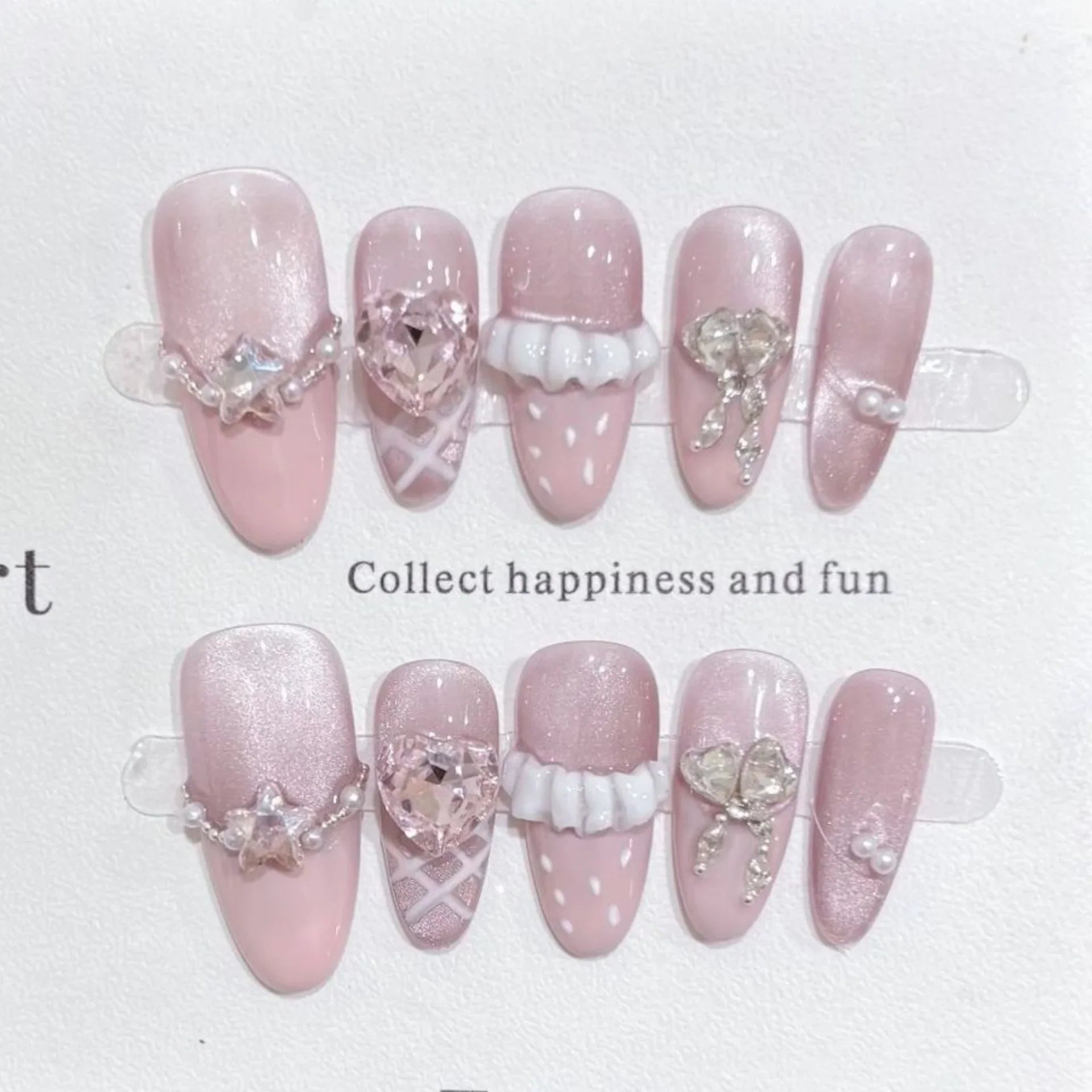 10pcs Purple Cat's Eye Handmade Fake Nails Tips Glitter Mid-length Oval Press on Nails Art Bow Rhinestone Design False Nail Sets