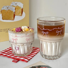 INS Pink Bow Glass Cups Iced Coffee Mug Clear Drinking Glasses Tumbler Milk Tea Juice Water Cup Dessert Cups Drinkware 260-380ML