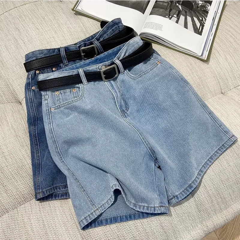 Korean Style Clothing Casual High Waist Denim Shorts Solid Color Loose Wide Leg A-line Pants