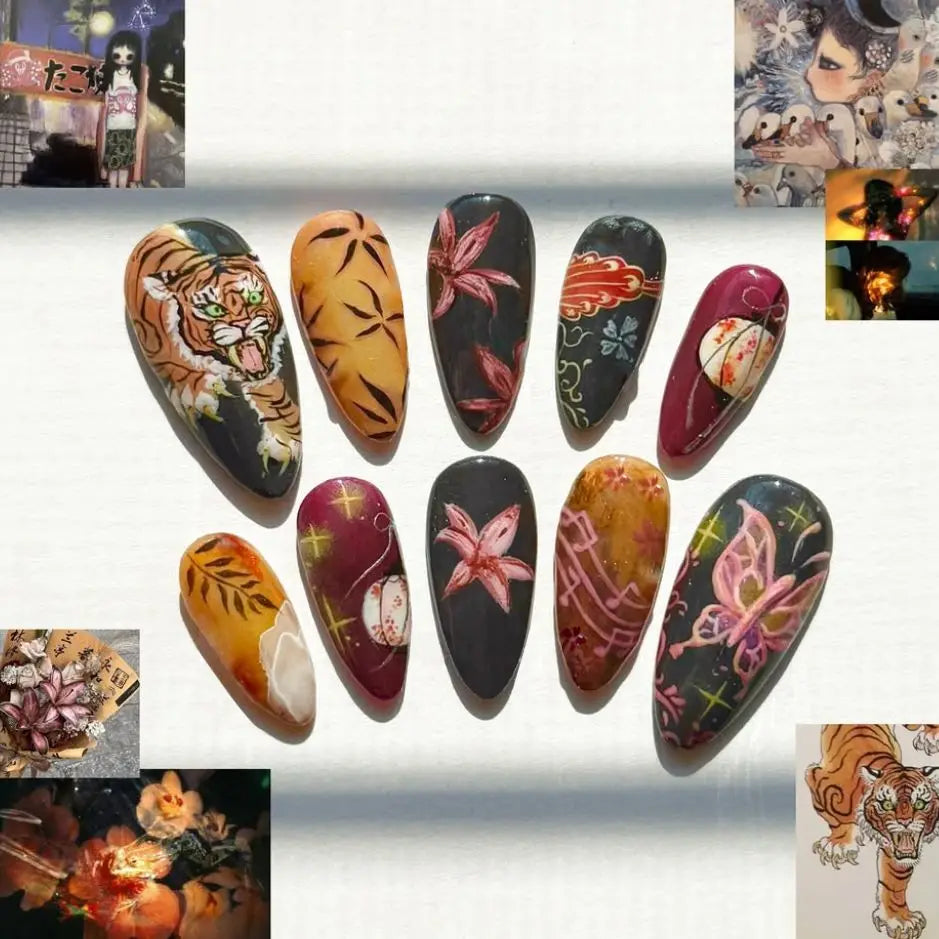 24pcs Flower Print Press on Nails Wine Red Blush Almond False Nail Tips Wearable Reusable Spicy Girl Fake Nails