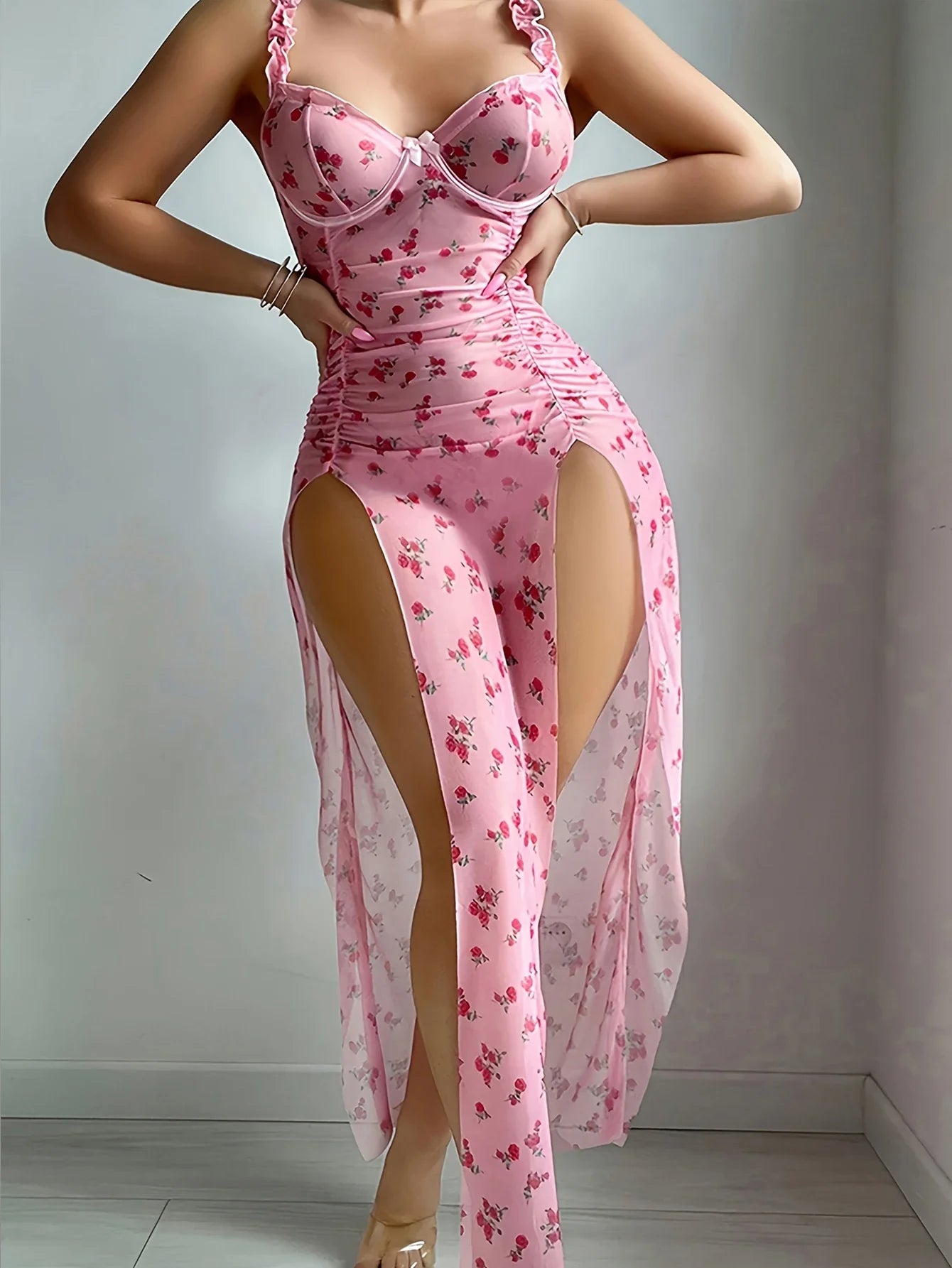 Two-piece lingerie pink Valentine's Day long dress thong