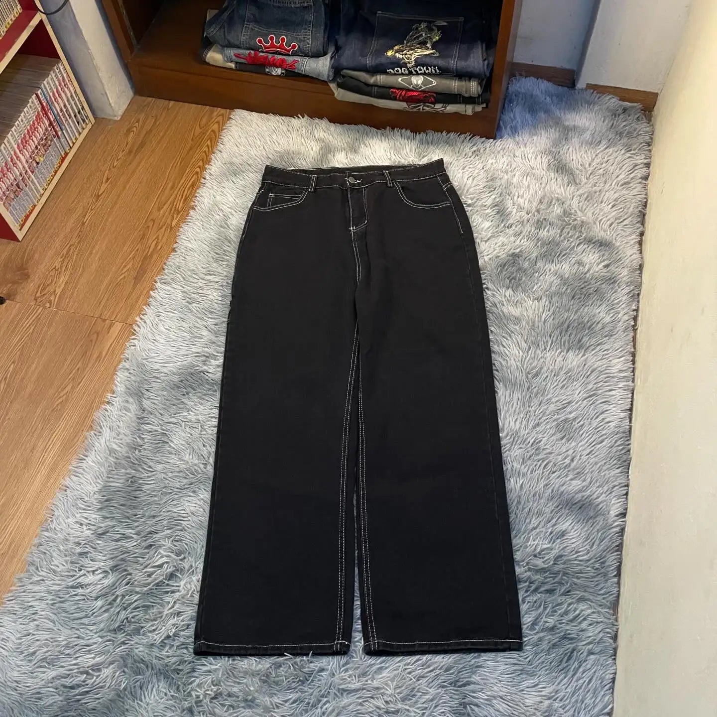 Streetwear Y2K Harajuku hip-hop letter embroidery black loose jeans
