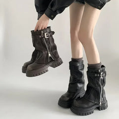 Biker Boots Belt Buckle Ladies Elegant Platform Long Pipe Booties Casual Knee High Booties2025