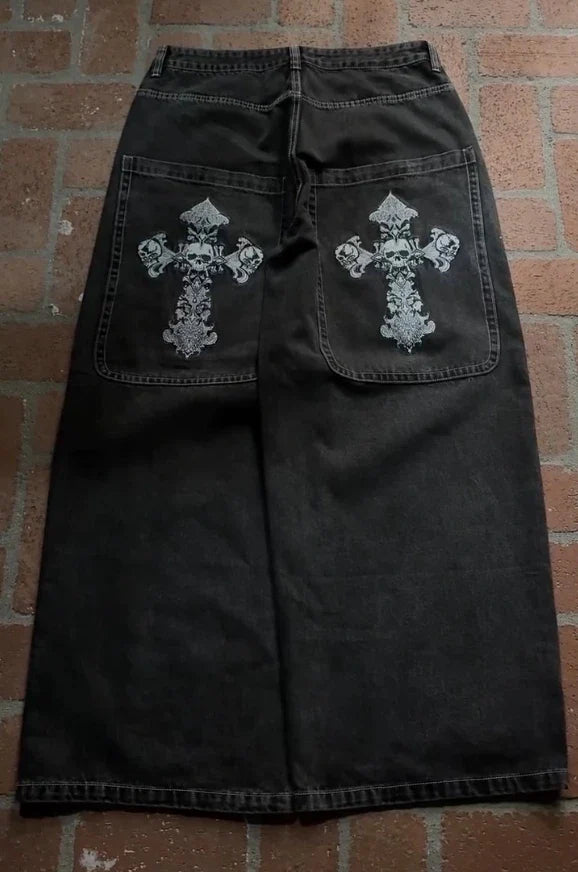 Gothic Cross Print Black Denim Baggy Pants Mid Waist Big Pocket Design Loose Fit Hip Hop Streetwear Jeans
