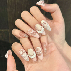 10pcs Handmade Press on Nails French Cat Eye Pink Bow Decor Korean False Nails Wearable Full Cover Ins Almond False Nail Tips