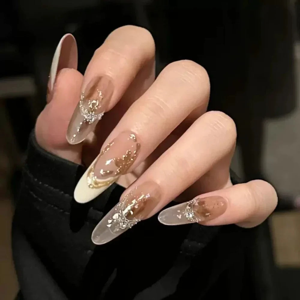 10Pcs Gentle Handwork Press On Nails French Style Flowers Butterfly Rhinestone Pearl Design Detachable False Nails Gift