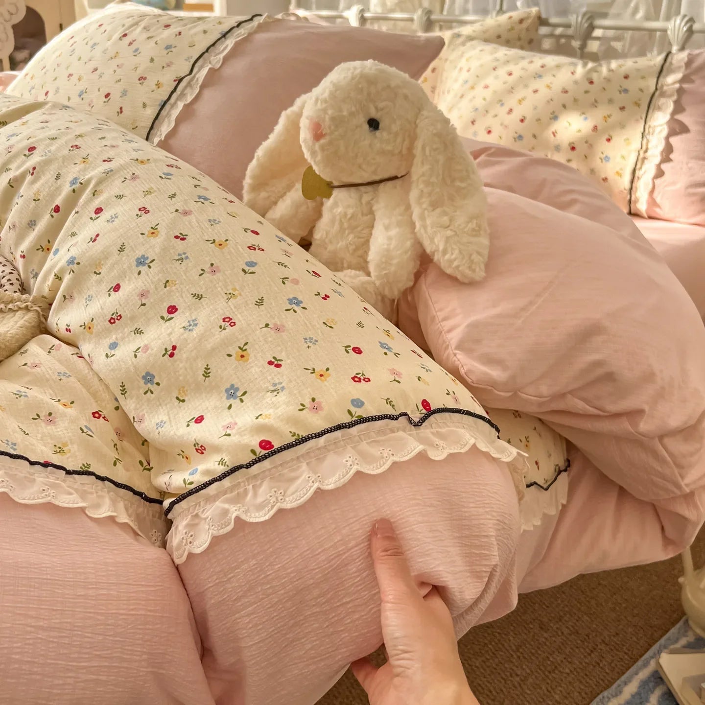 Korean Princess Style Bedding Sets Lace Grid Floral Quilt Cover Bedclothes Decor Girls Bedroom Duvet Cover 4pcs