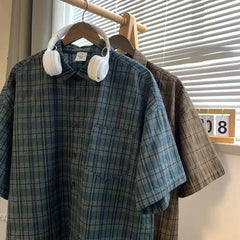 Japanese Vintage Plaid Short Sleeve Shirt Streetwear Loose Fit Casual Stylish Versatile Half Sleeve Underwear