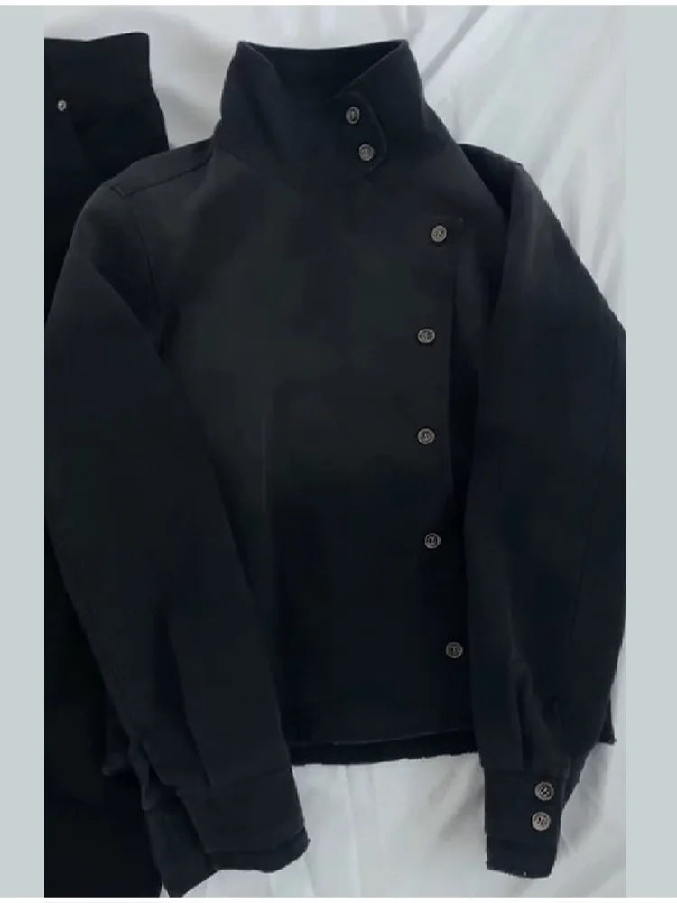 Y2K Harajuku Retro Functional Style Slant Collar Jacket Gothic Stand Collar Easy Jacket Street Black Jacket