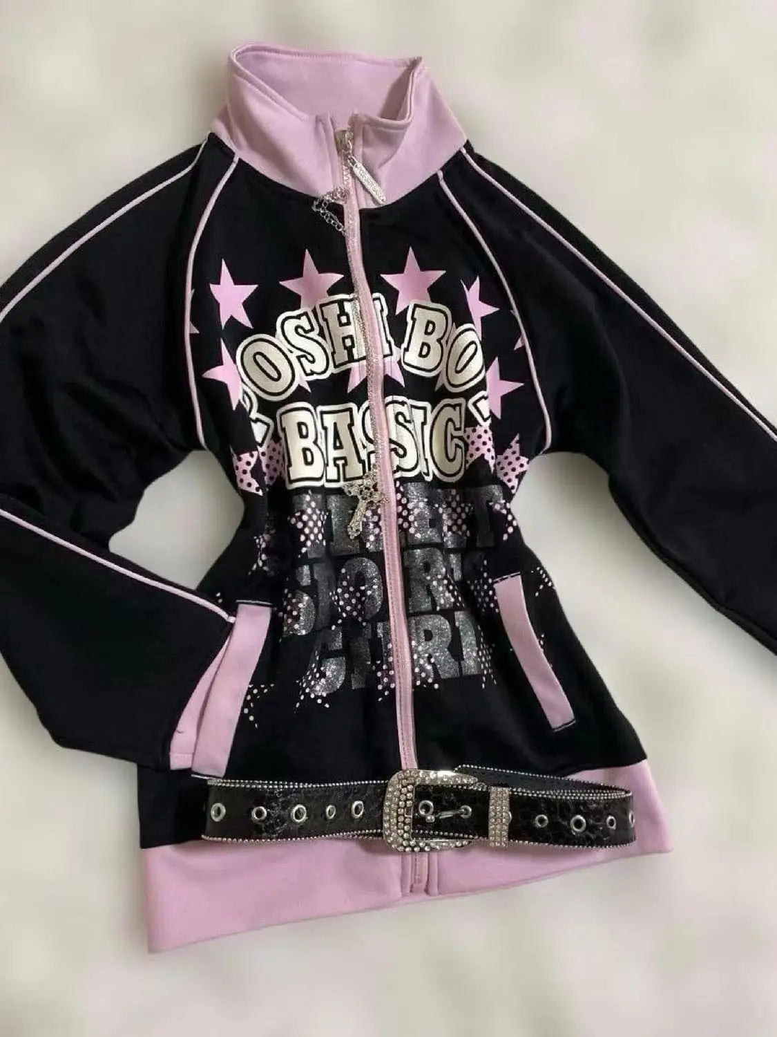 Retro Y2K American Spice Girl Coat Leopard Print Powder Black Contrast Stitching Skull Letter printed Hooded Sweater