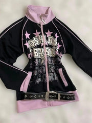 Retro Y2K American Spice Girl Coat Leopard Print Powder Black Contrast Stitching Skull Letter printed Hooded Sweater