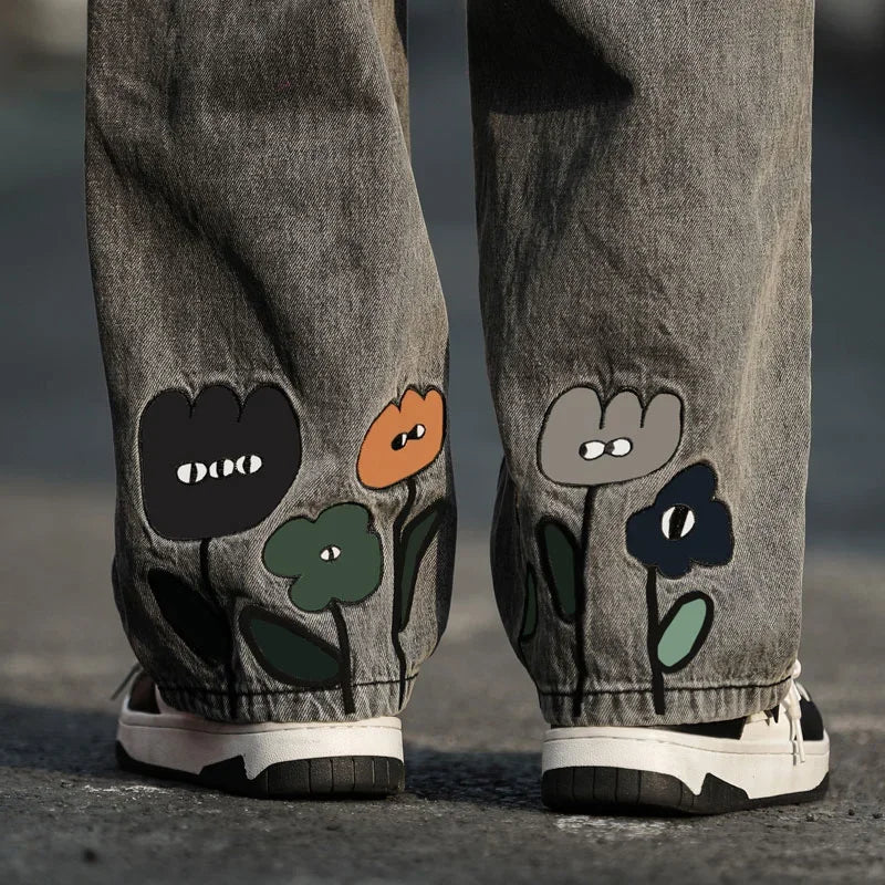 Y2K Flower Printed Baggy Jeans Streetwear American Casual Denim Wide-leg Pants Hombre Vintage Straight Trousers