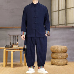 Chinese Style Casual Set Ethnic Two Piece Cotton Comfort Stand Collar Jacket Retro Frog Buttons Cuff Ethnic Print Loose Fit