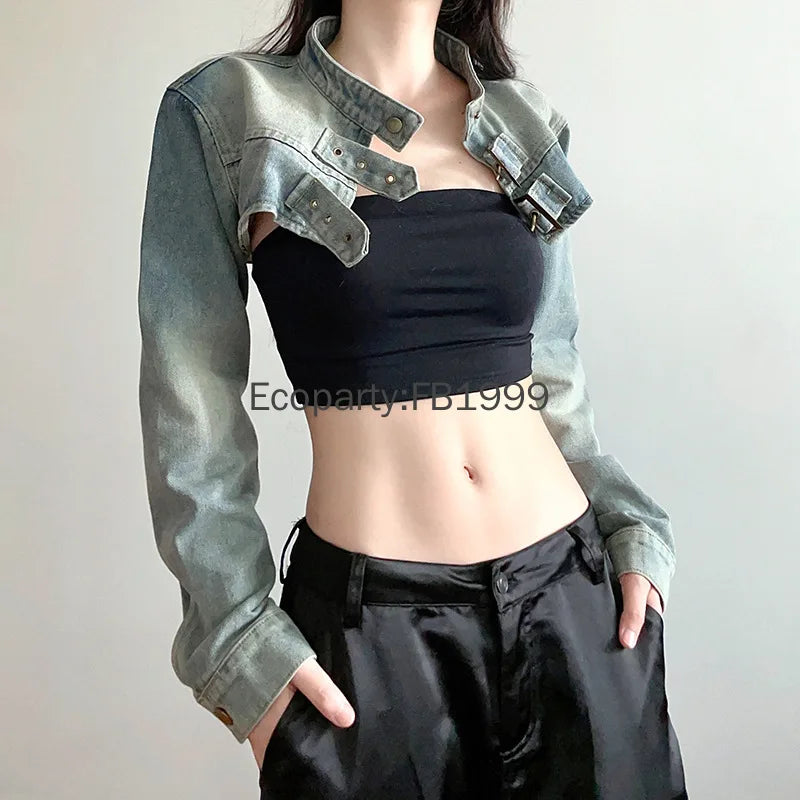 Denim Jacket Y2K Vintage Crop Tops Coat Japanese Harajuku Streetwear Outerwear