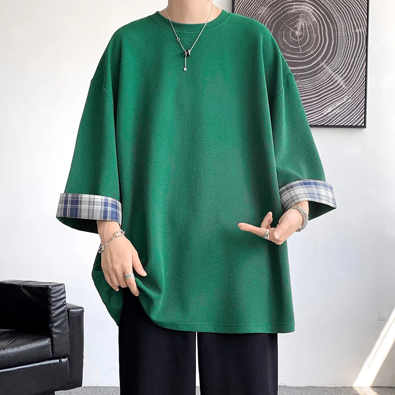 t shirts T-shirts Oversized 2XL Korean Style Loose Plaid T-shirt Casual Seven sleeves T-Shirt Male White
