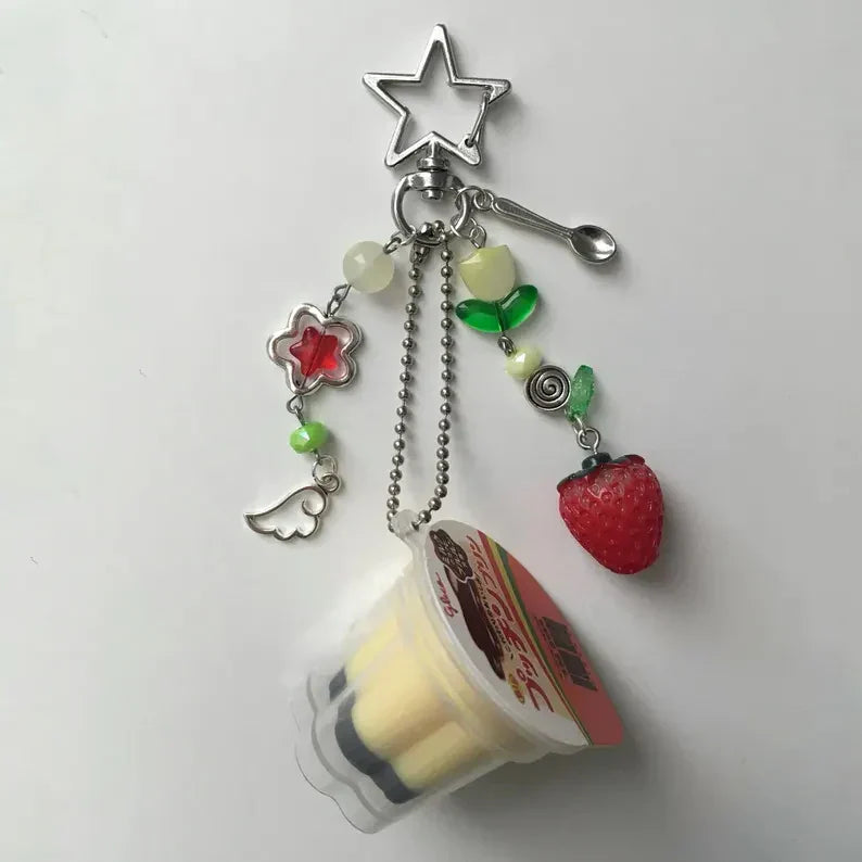 Japanese Pudding Keychain, Pink Yellow Egg Flan Charm, Y2K Heisei Retro Beaded Accessory