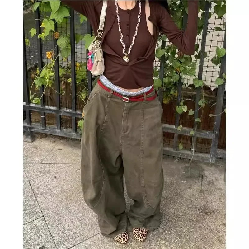 Loose Knife Edge High Waist Straight Leg Denim Jeans American Retro Silhouette Long Trousers