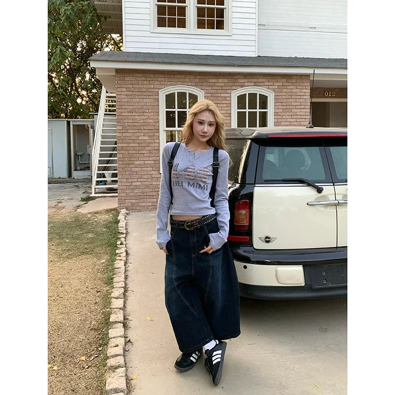 Blue Jeans High Waist Vintage Design Hip Hop Straight Baggy Denim Pants Street Y2K American Style Wide Leg Denim Trouser