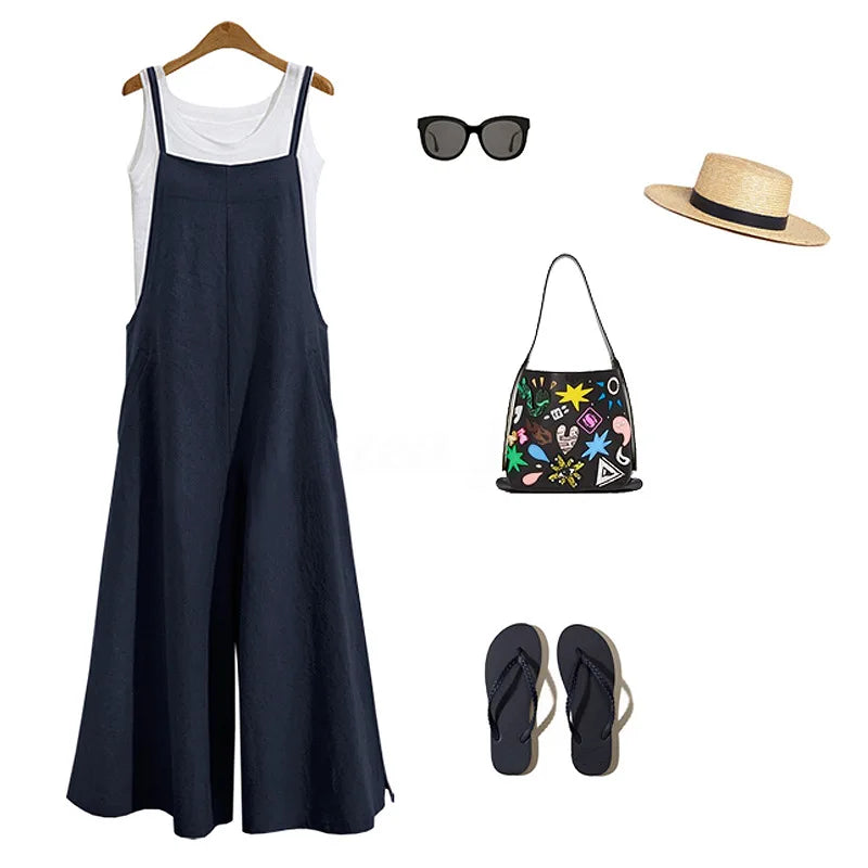 Straps Jumpsuit Solid Color Wide Leg Pants Dungaree Bib Overalls Casual Loose Sleeveless Cotton Linen Jumpsuits 5Xl