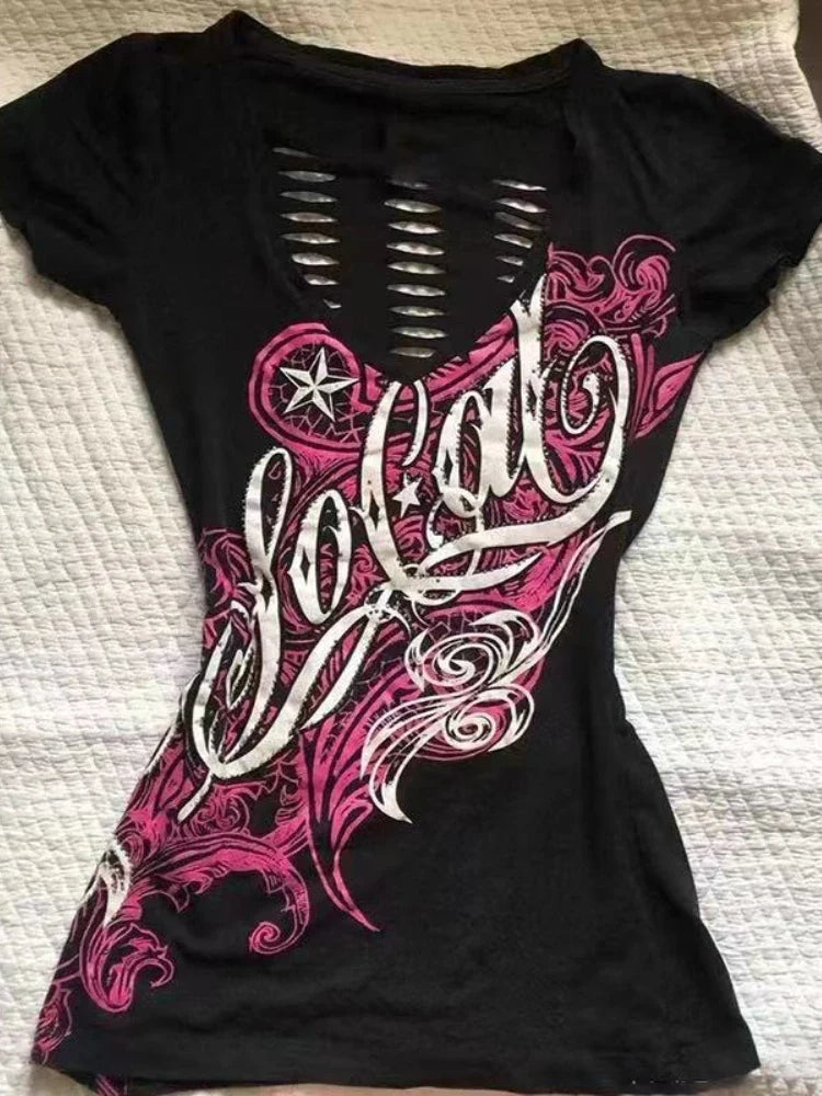 Japanese Retro Hollow Out Design Clothing Y2k Tees Punk Slim Short Sleeve T-shirt Gothic Harajuku Zipper Tops New
