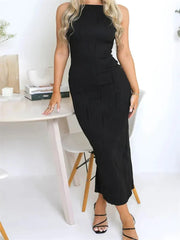 Long Dress Ruched Sleeveless Slim Solid Party Back Split Dress Clubwear Vestido Outfits
