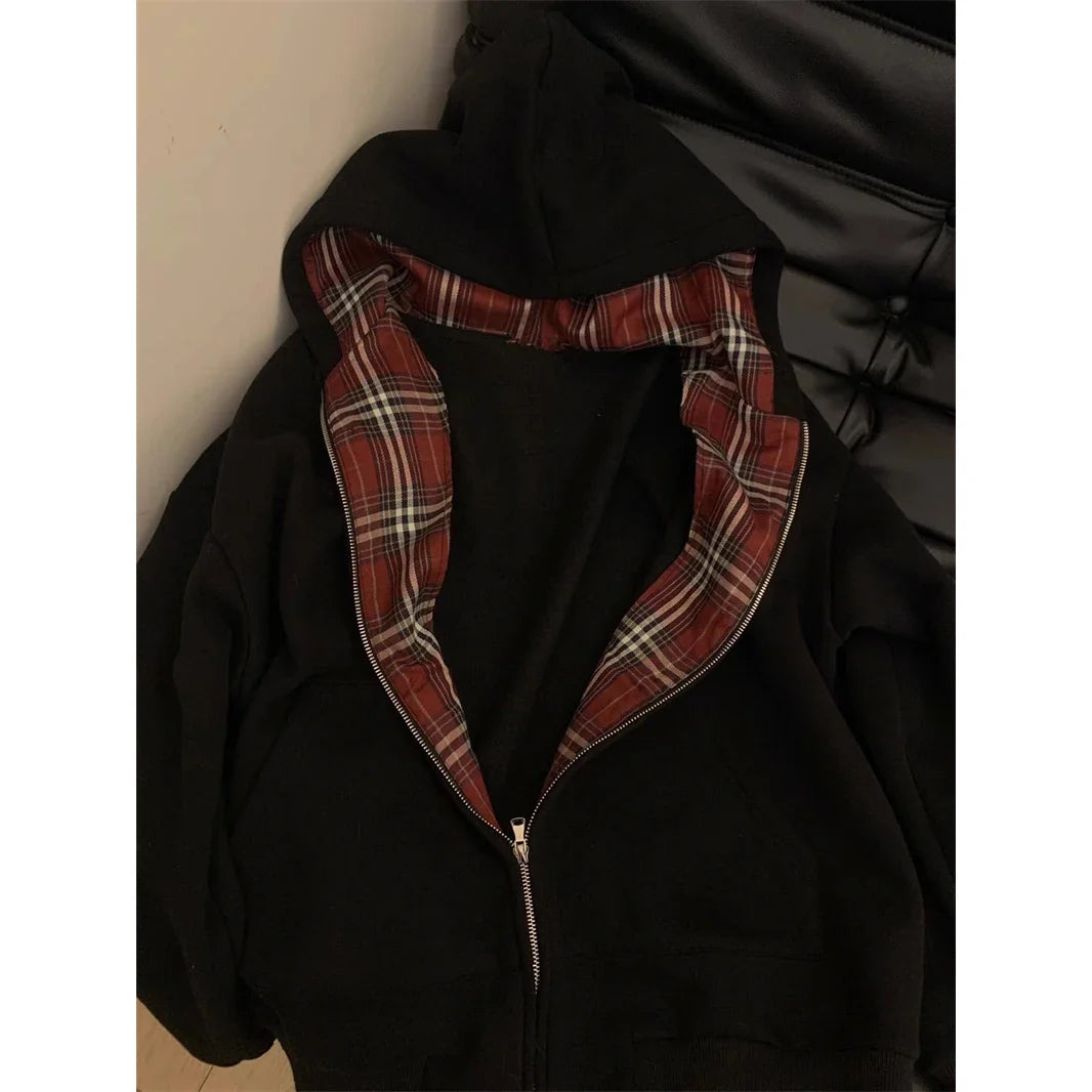 Grid Splicing Hooded Sweatshirt Loose Versatile Zipper Cardigan Jacket Long Sleeved Versatile Coat Top