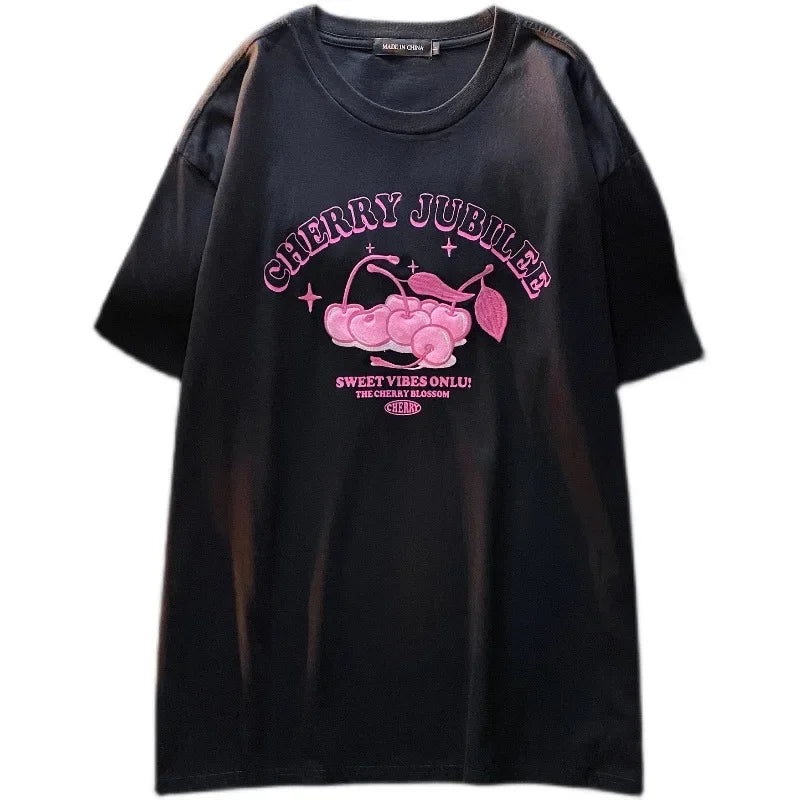Cartoon Cherry Print Loose Fit Short Sleeve T-Shirt Polyester Crew Neck Top Sweet Lazy Couple Shirt Trendy