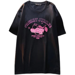 Cartoon Cherry Print Loose Fit Short Sleeve T-Shirt Polyester Crew Neck Top Sweet Lazy Couple Shirt Trendy