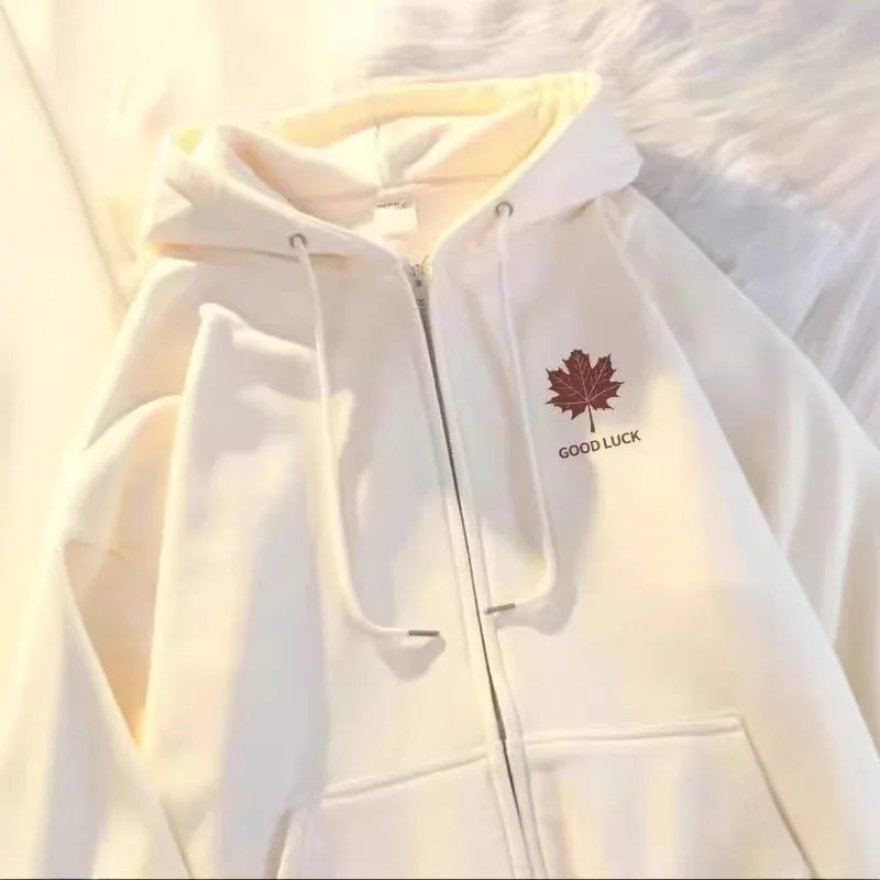 Style Maple Leaf Print Unisex Oversized Versatile Zipper Casual Outerwear Polyester Comfortable Leisure Coat