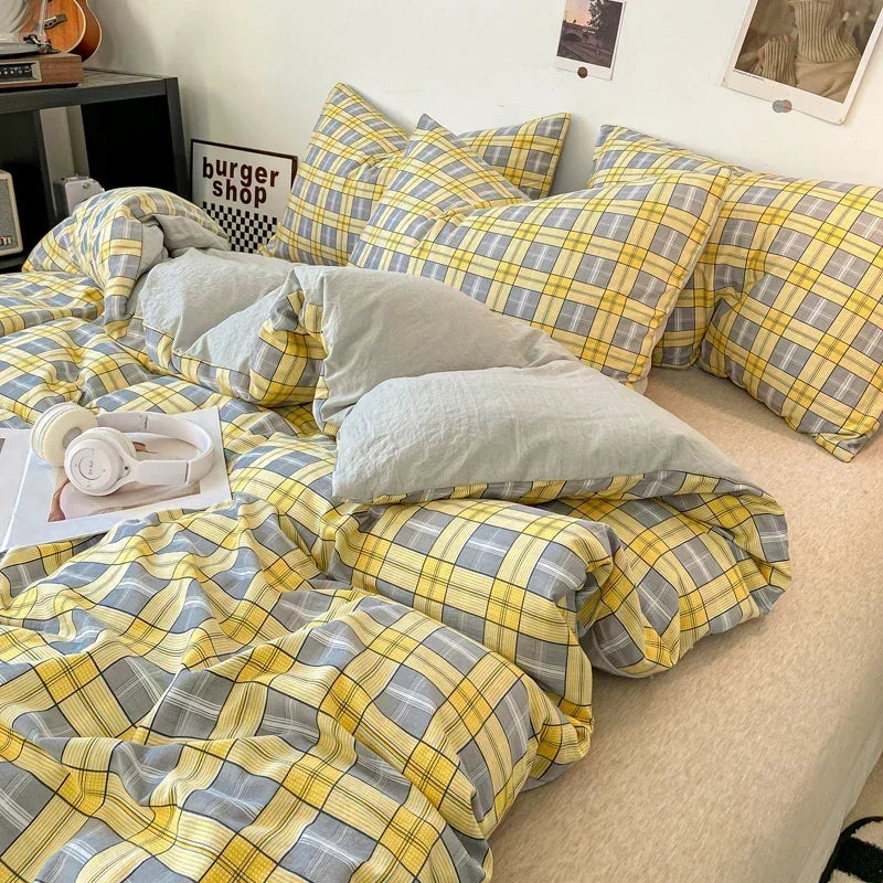 Japanese Style Check Queen Quilt Cover Set 1/3 Pcs Soft Washed Duvet Cover