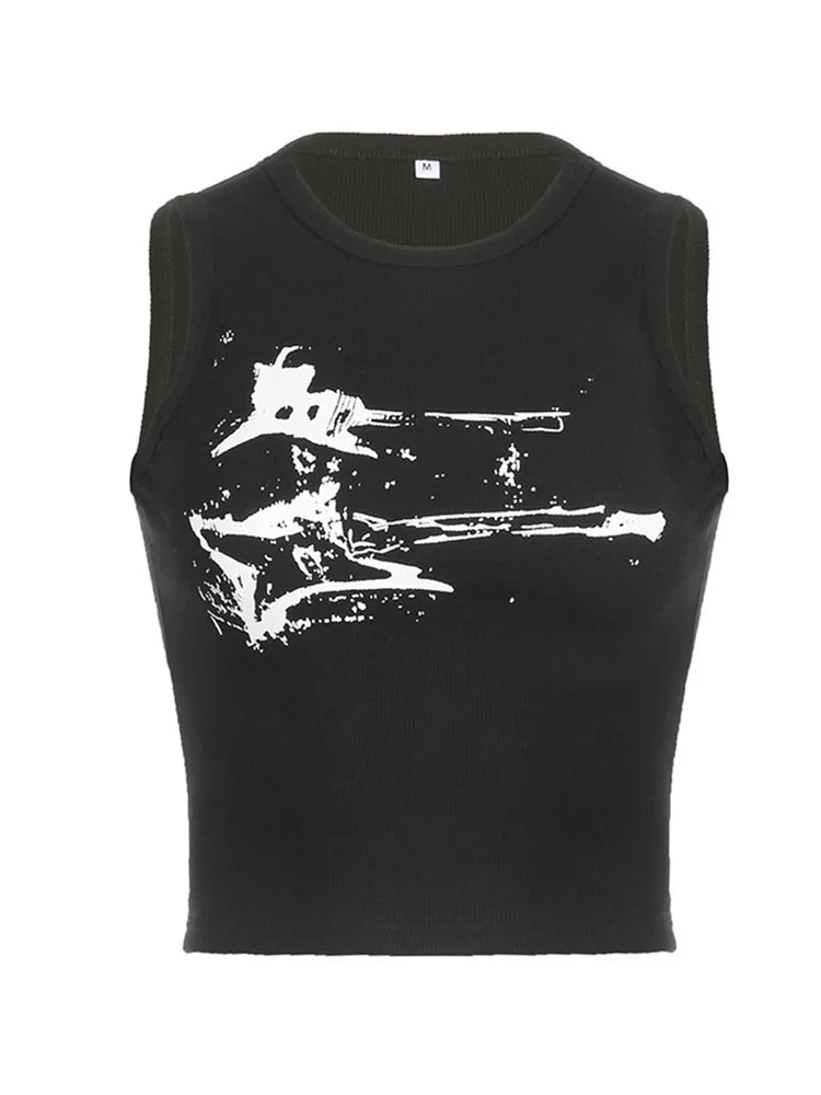 Guitar Print Sleeveless Tank Top Y2K Casual Ribbed Grunge Crop Top Harajuku Vest Tee 90s Street Outfits