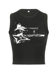 Guitar Print Sleeveless Tank Top Y2K Casual Ribbed Grunge Crop Top Harajuku Vest Tee 90s Street Outfits
