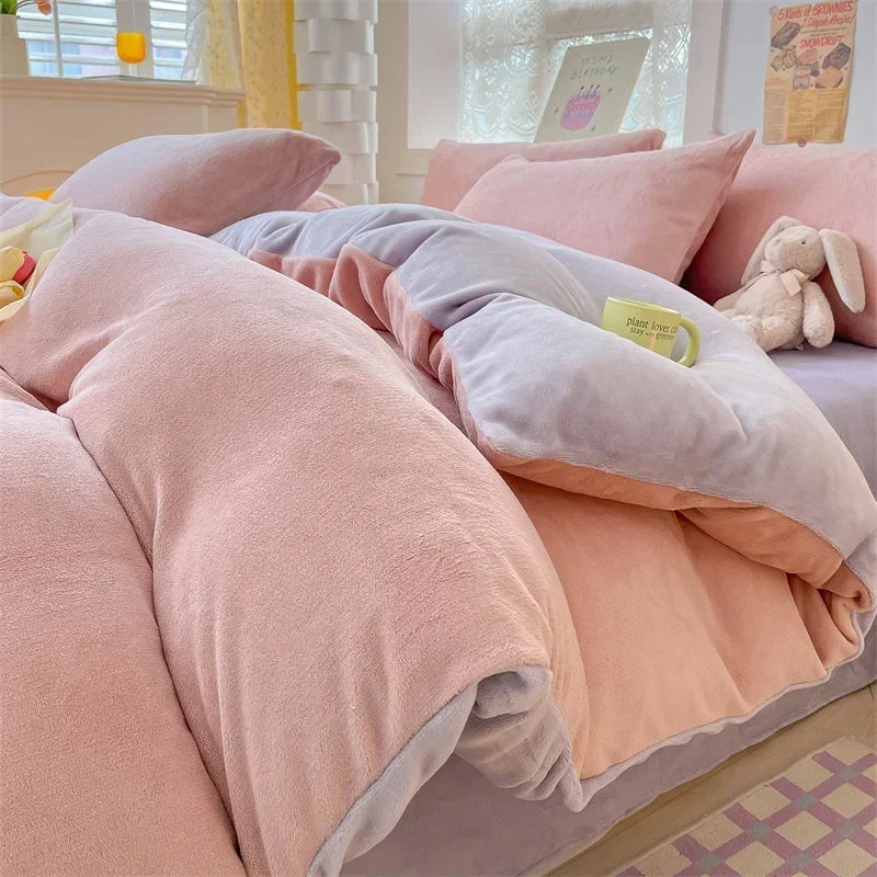 Simple Milk Fleece Warm Duvet Cover Set 220x240 Soft Fluffy Queen Bedding Set Plush Warmth Blanket Cover Sets Cozy