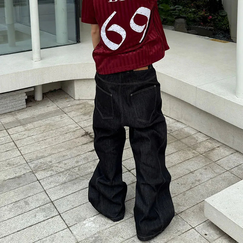 Korean High Street Buckle Curved Jeans Loose Straight Leg Pants Black Wide Leg Pants Casual Pants Hip-Hop Pants