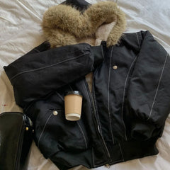 Cotton Padded Jacket Outerwear Thick Warm Oversize Short Coat Hooded Long Sleeve Fur Collar Parkas