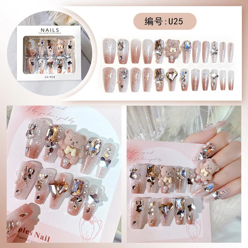 24PC Stereoscopic Vision False Nails Artificial Colors Fake Nails with Glue Full Cover Nail Tips Press on Nails Manicure Tools