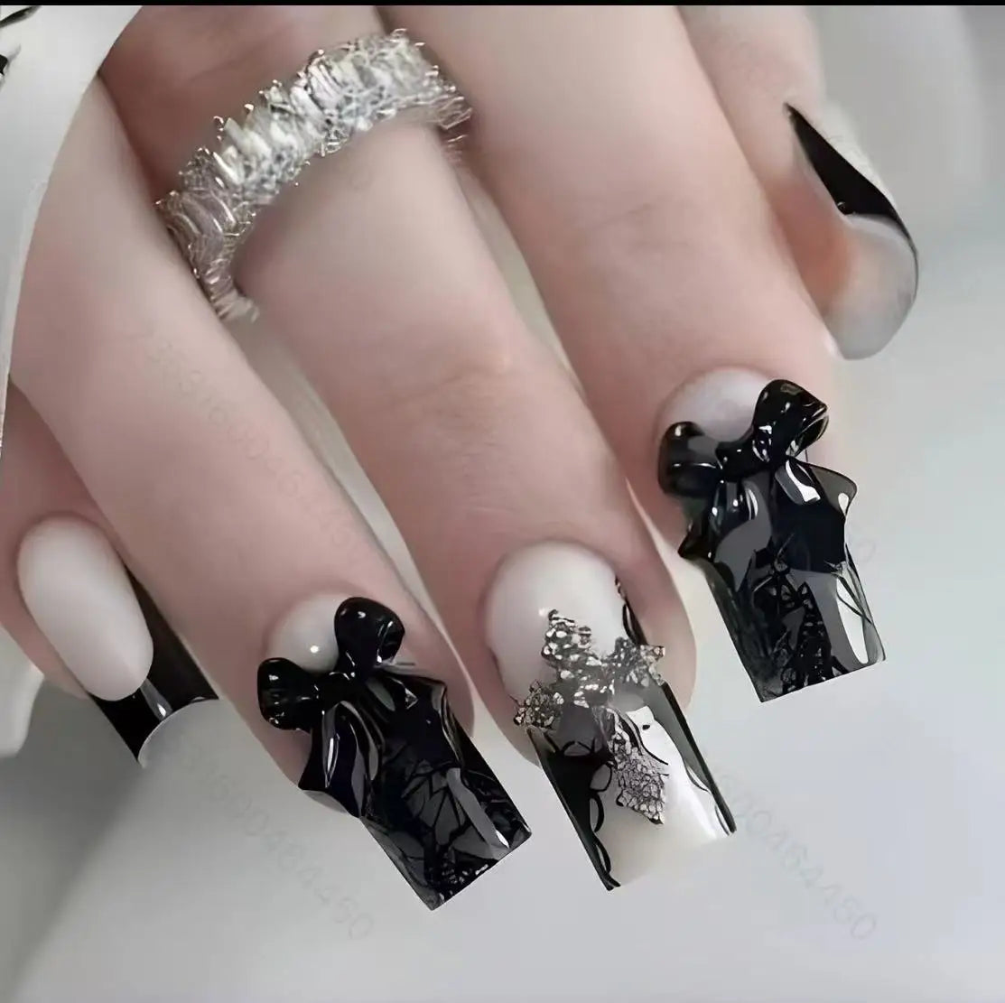 24pcs Ballet Fake Nails Pink White Bow Design French White Edge Flash Diamond High Saturation Full Coverage Fake Nai