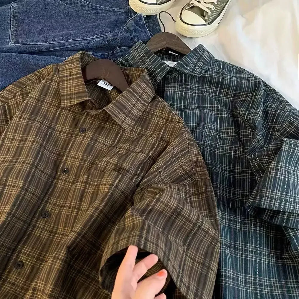 Japanese Vintage Plaid Short Sleeve Shirt Streetwear Loose Fit Casual Stylish Versatile Half Sleeve Underwear