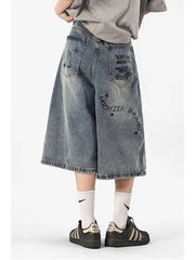 Y2k Style Baggy Denim Shorts Wide Leg Short Pants High Waisted Dark Wash Knee Length Loose Unisex Jeans Casual