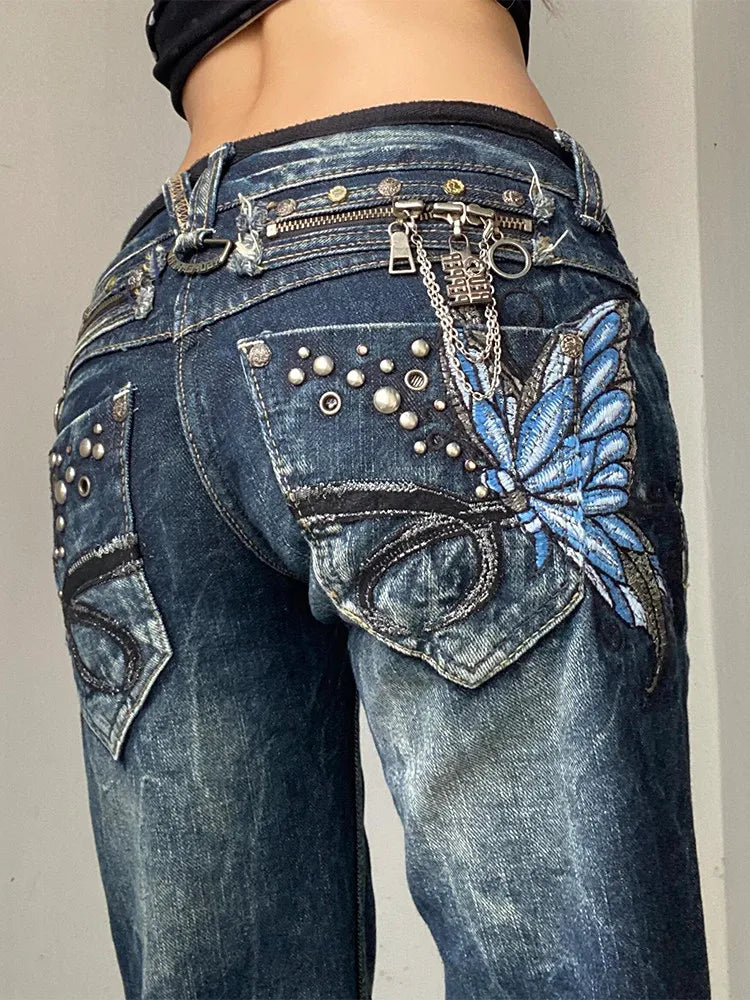 American High Street Large Size Butterfly Embroidered Jeans Y2K Millennium Harajuku Slim Flared Jeans