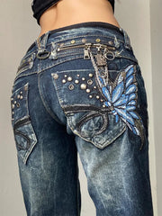 American High Street Large Size Butterfly Embroidered Jeans Y2K Millennium Harajuku Slim Flared Jeans
