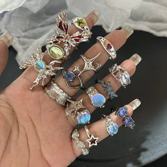 Y2K Crystal Rings Kpop Heart Adjustable Ring Irregular Geometry Punk Vintage Rings Set