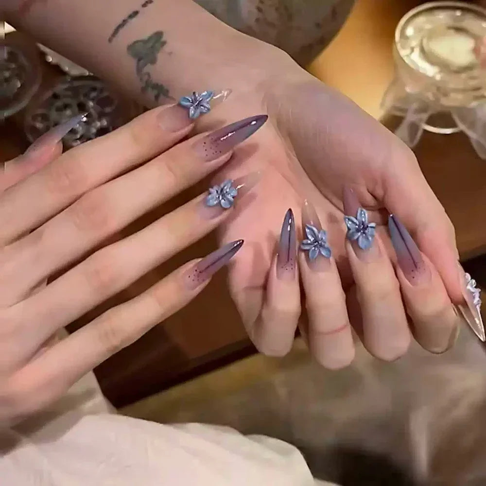 10Pcs Gentle Handwork Press On Nails French Style Flowers Butterfly Rhinestone Pearl Design Detachable False Nails Gift