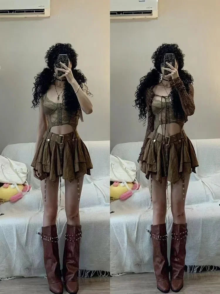 Y2k American Girl Three Piece Skirt Suit Lace Maillard Color High Street Design Cardigan Suspender Versatile