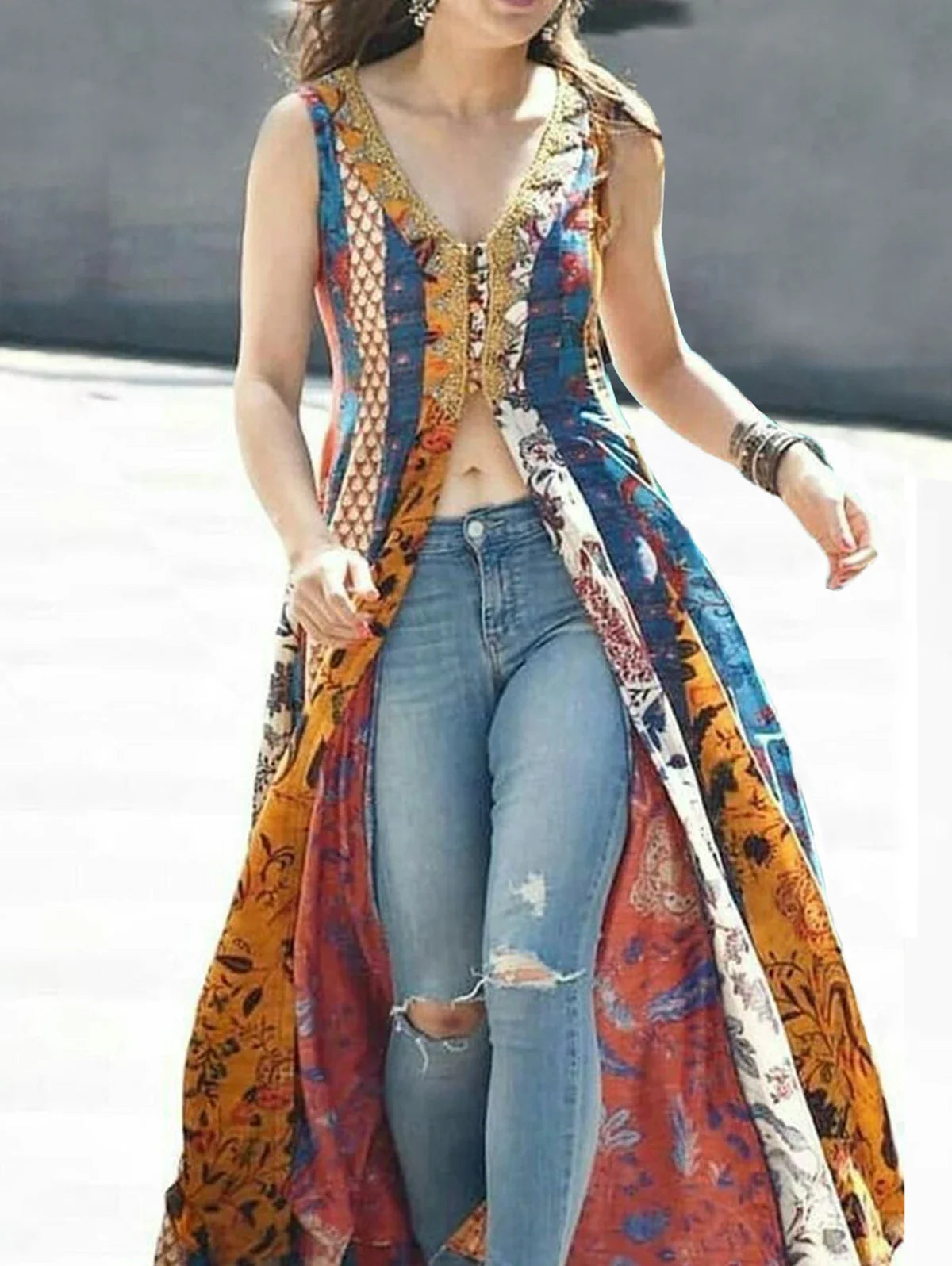 Tank Dress Floral Printing Split Indie Folk Vintage Sleeveless Casual High Street Retro V-Neck Long Dress