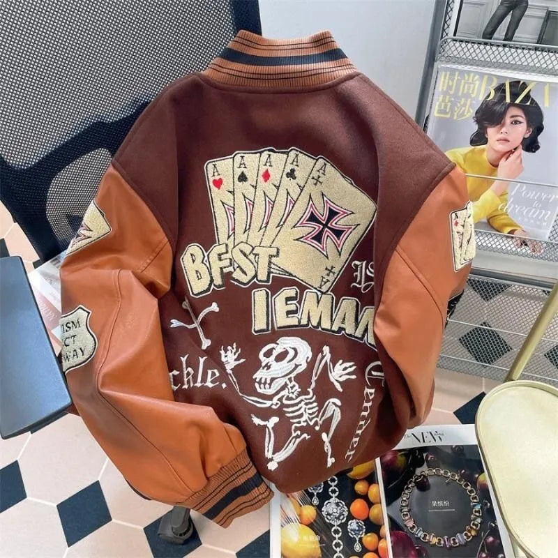 American Retro Letter Flocking Splicing Jacket Y2K High Street Hip-hop Loose Tooling Baseball Uniform Jacket