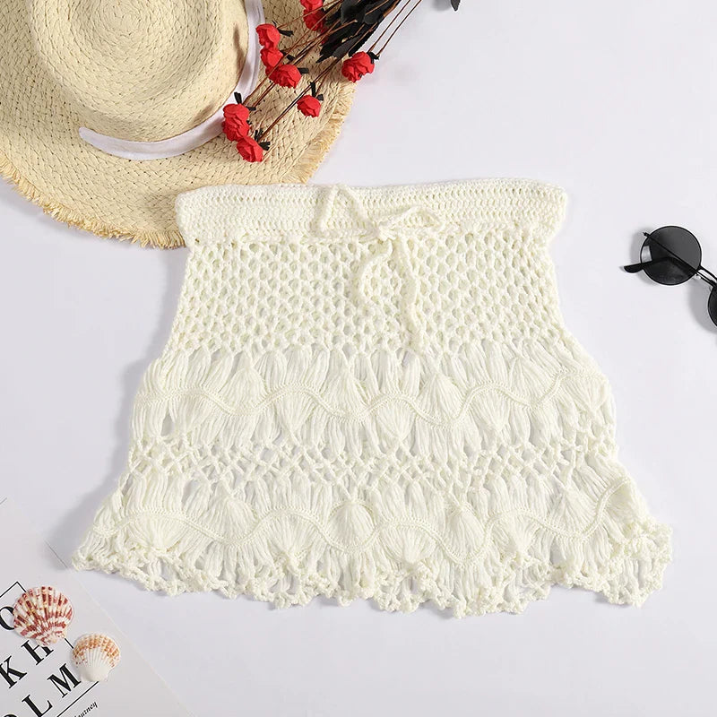Handmade Crochet Hollow Out Swimwear Cover Up Solid Color Drawstring Short Skirt Holiday Knitting Sweet Beachwear